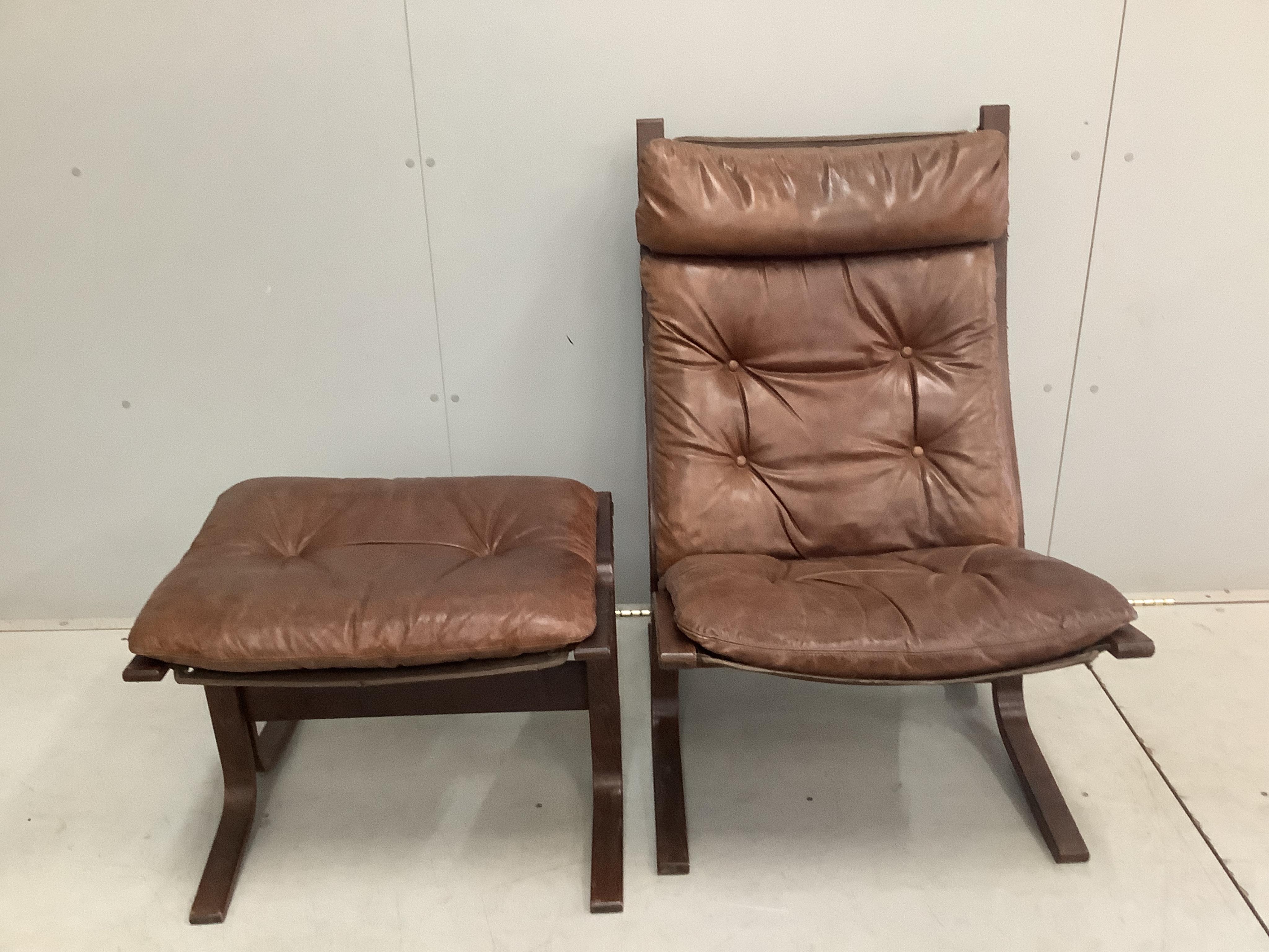 An Ingmar Relling leather chair, width 62cm, depth 66cm, height 98cm and footstool, Siesta